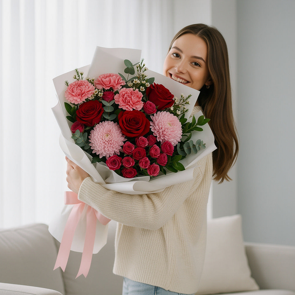 Romantic Red Rose & Pink Carnation Bouquet held by a model, view 1