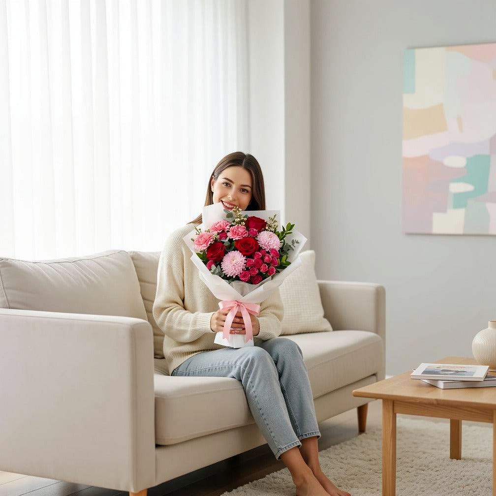 Romantic Red Rose & Pink Carnation Bouquet held by a model, view 3