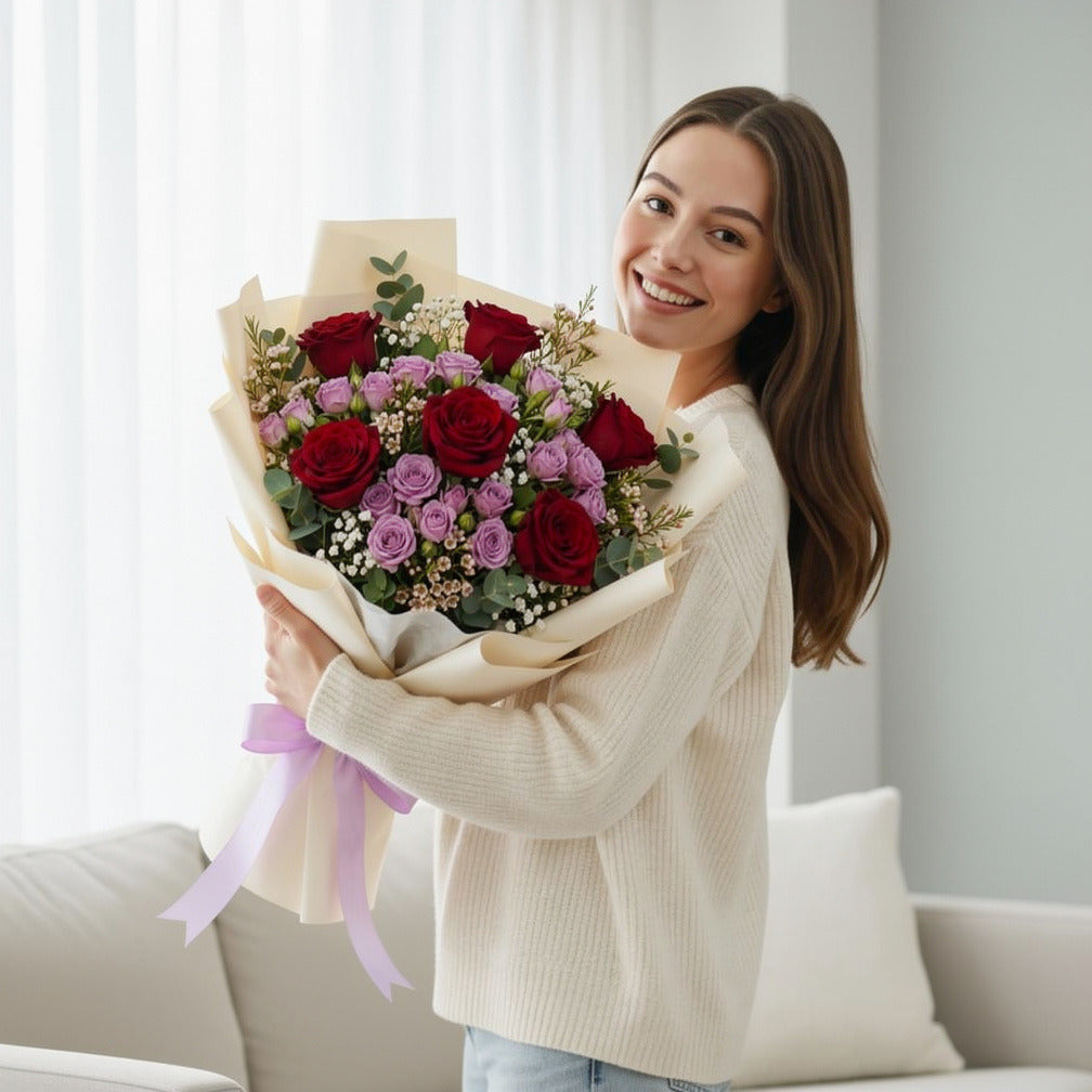 Romantic Red Rose & Purple Baby Rose Bouquet held by a model, view 1