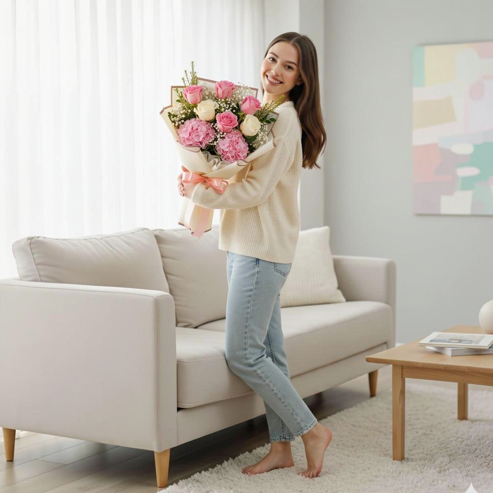 Roses & Hydrangeas Graduation Bouquet held by a model, view 2
