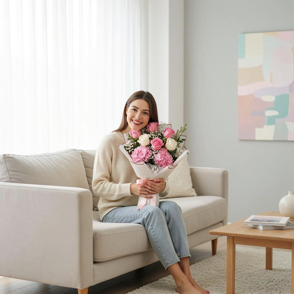 Roses & Hydrangeas Graduation Bouquet held by a model, view 3