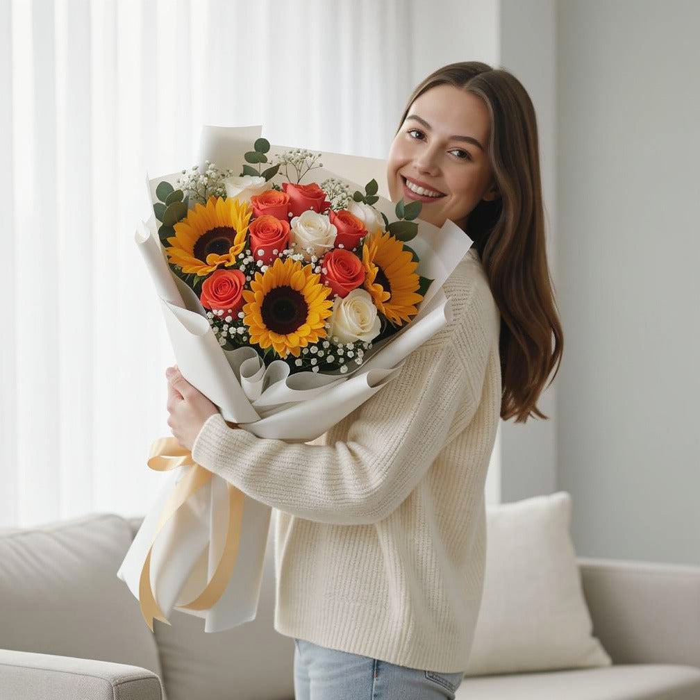 Roses & Sunflowers Bouquet held by a model, view 1