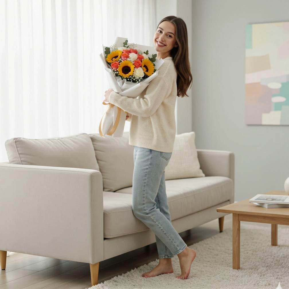 Roses & Sunflowers Bouquet held by a model, view 2