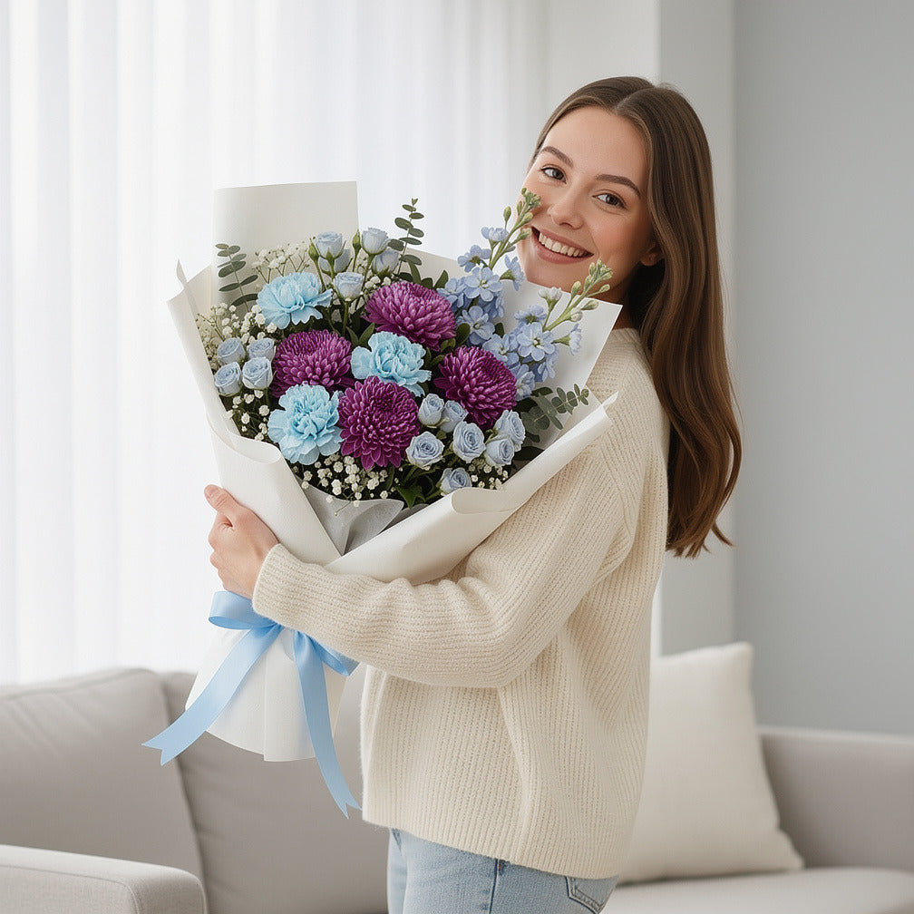 Royal Blue Flowers & Purple Chrysanthemum Bouquet held by a model, view 1