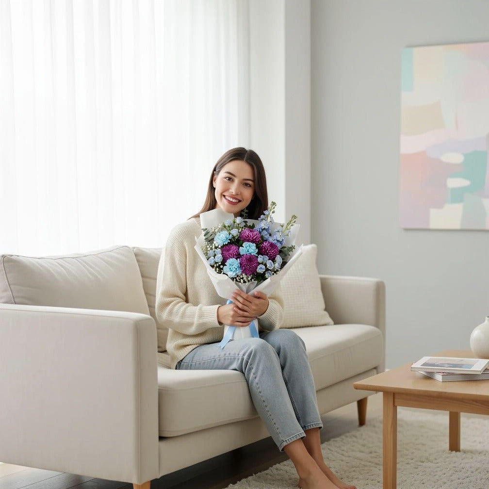 Royal Blue Flowers & Purple Chrysanthemum Bouquet held by a model, view 3