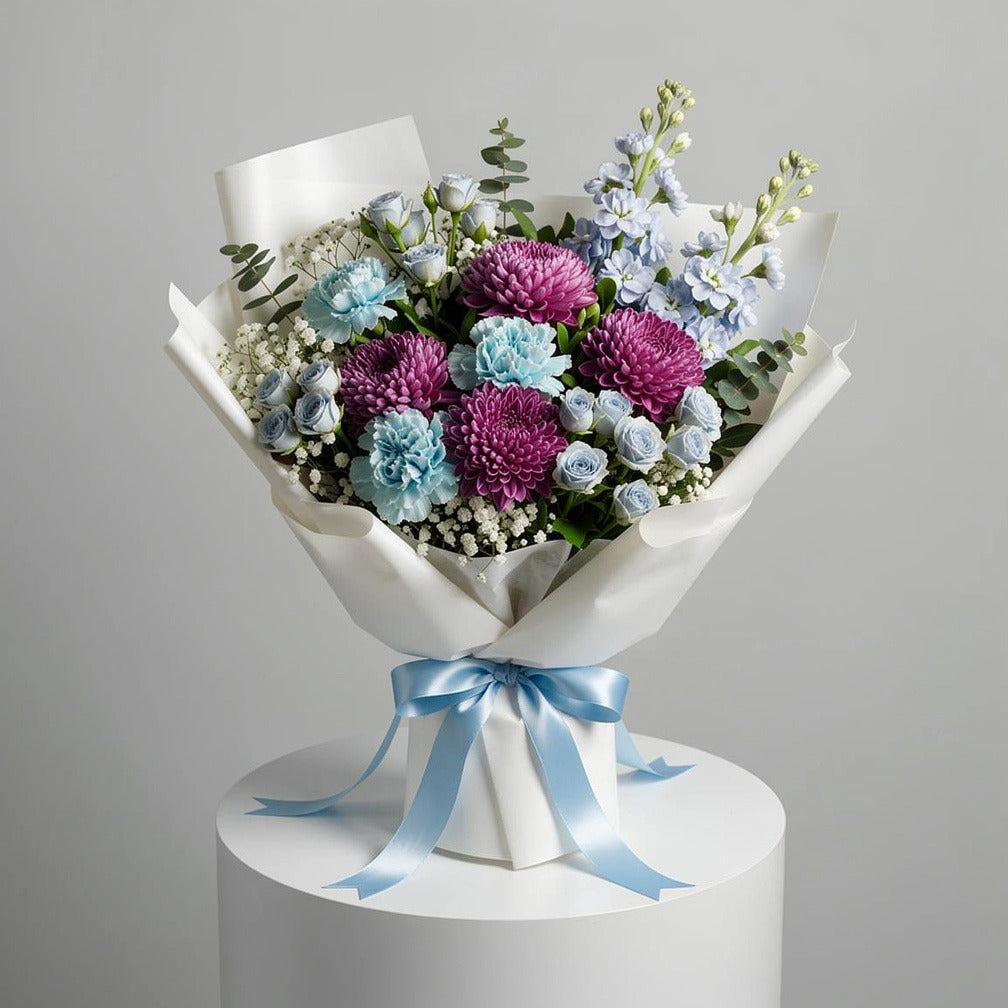 Royal Blue Flowers & Purple Chrysanthemum Bouquet