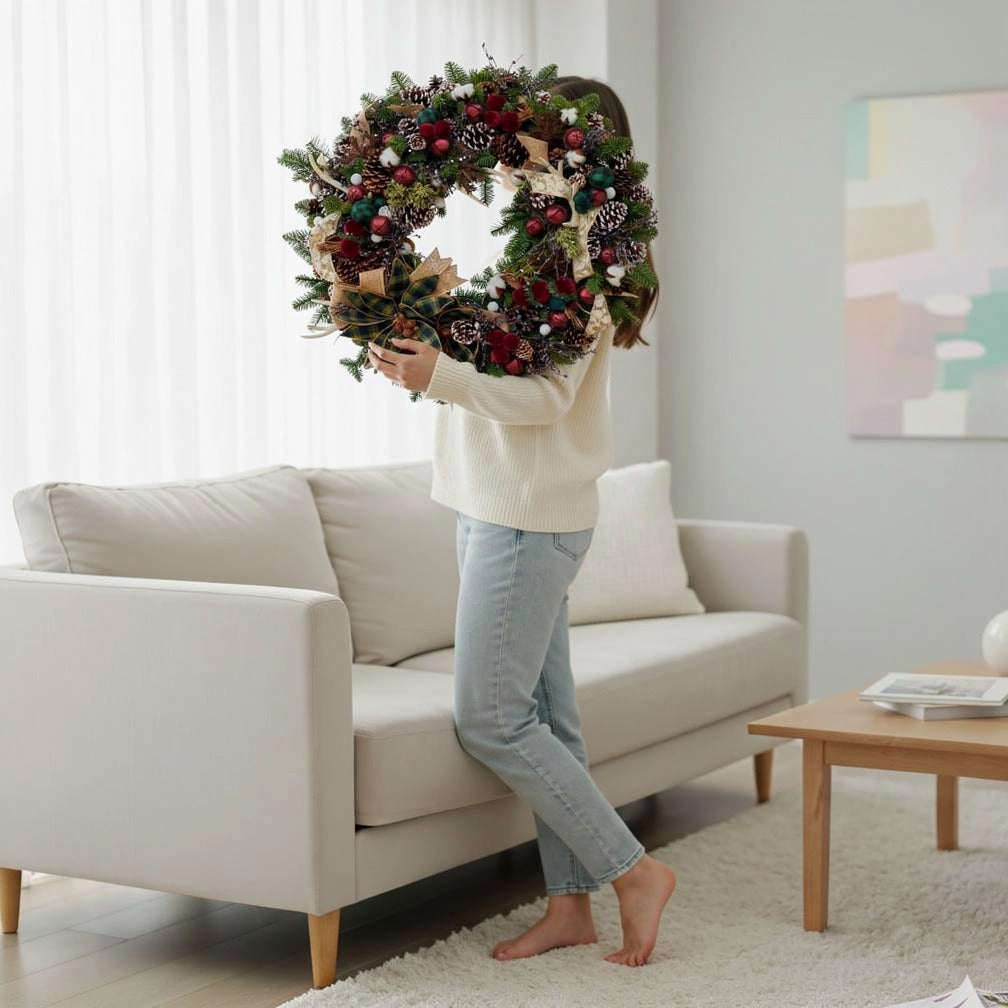 Rustic Charm Red & Green Christmas Wreath held by a model, view 2