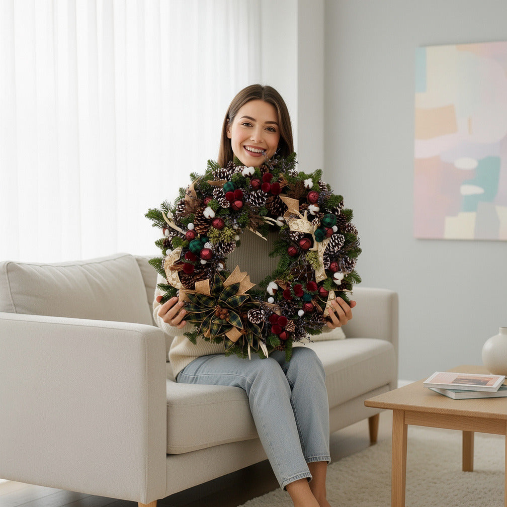 Rustic Charm Red & Green Christmas Wreath held by a model, view 3