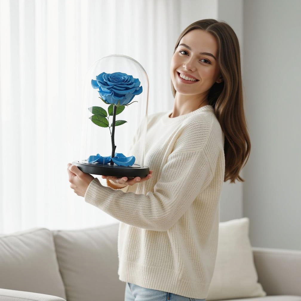 Sky Blue Medium Preserved Rose held by a model, view 1