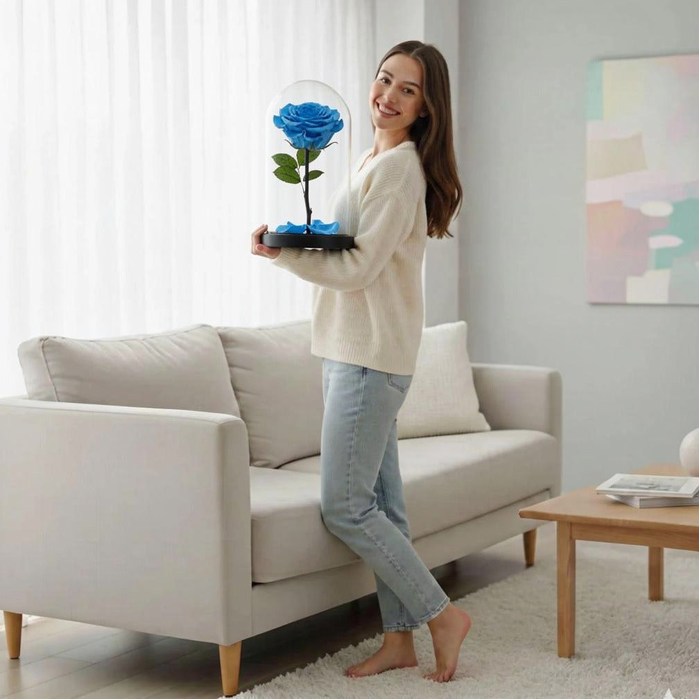 Sky Blue Medium Preserved Rose held by a model, view 2