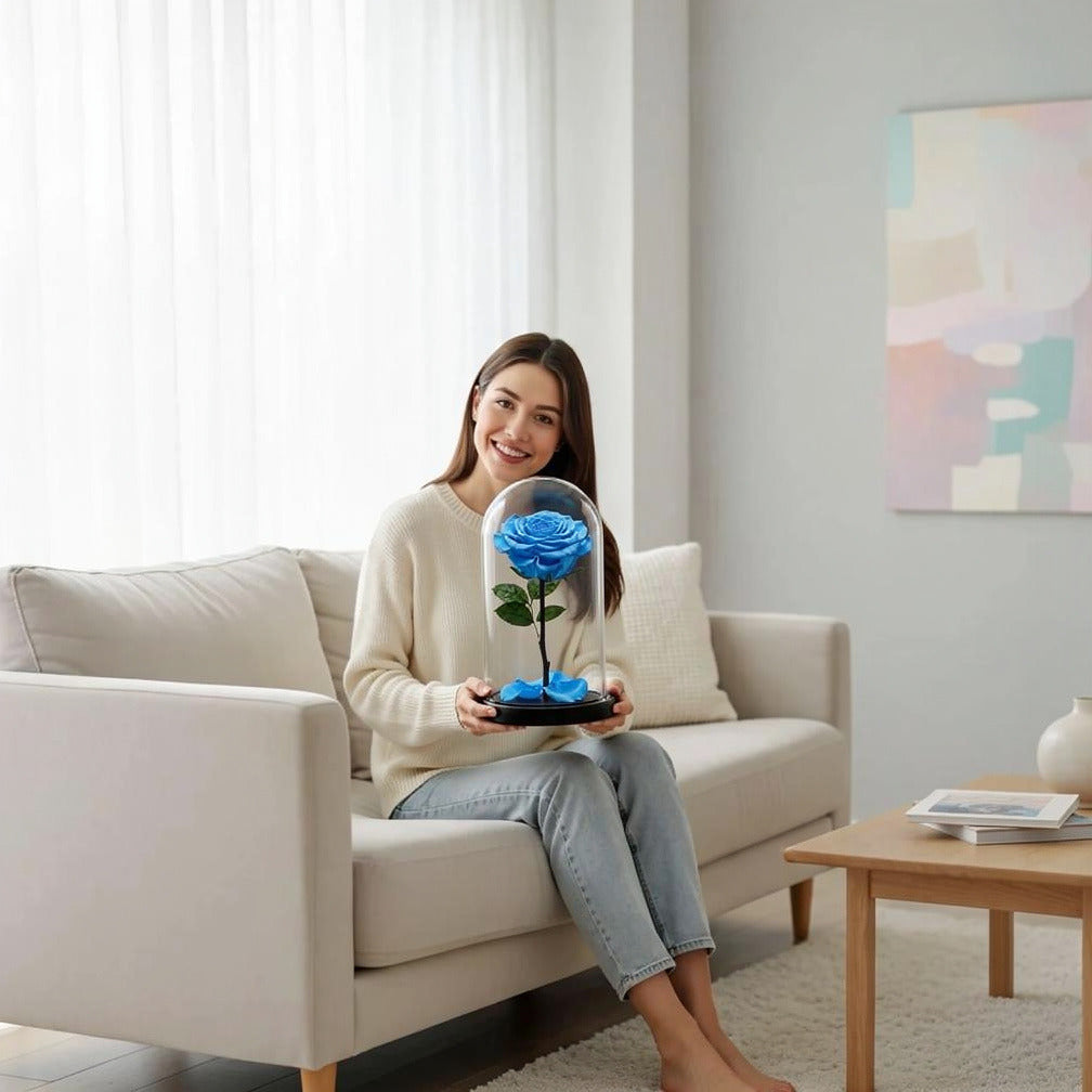 Sky Blue Medium Preserved Rose held by a model, view 3