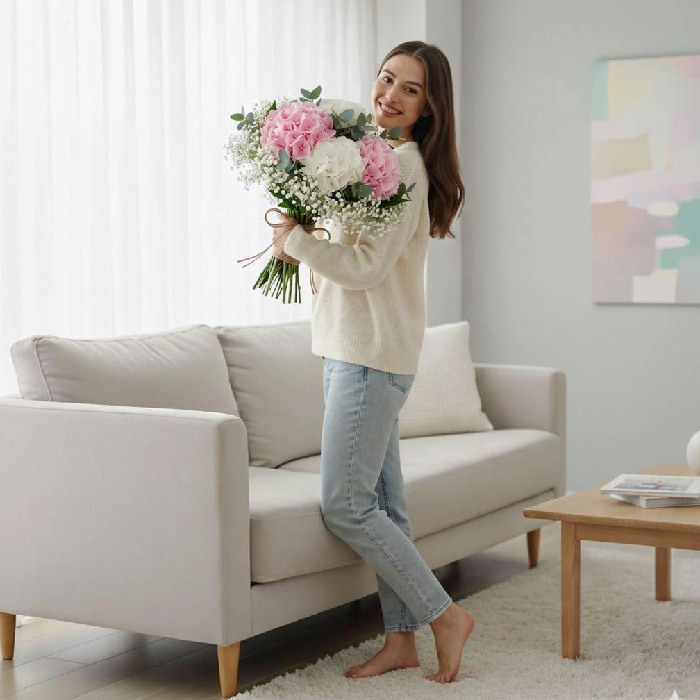 Soft Bridal Bouquet of Pink & White Hydrangeas held by a model, view 2