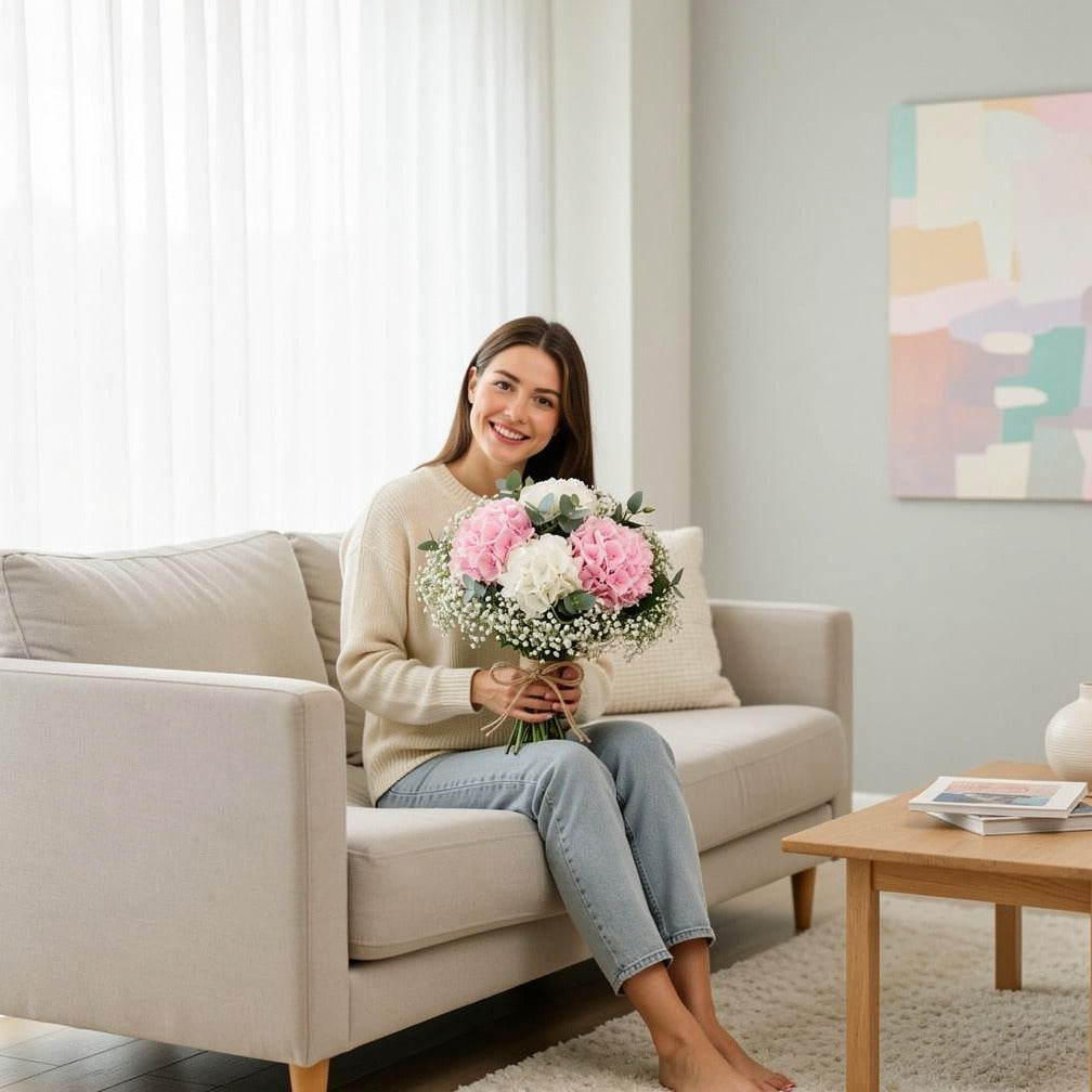 Soft Bridal Bouquet of Pink & White Hydrangeas held by a model, view 3