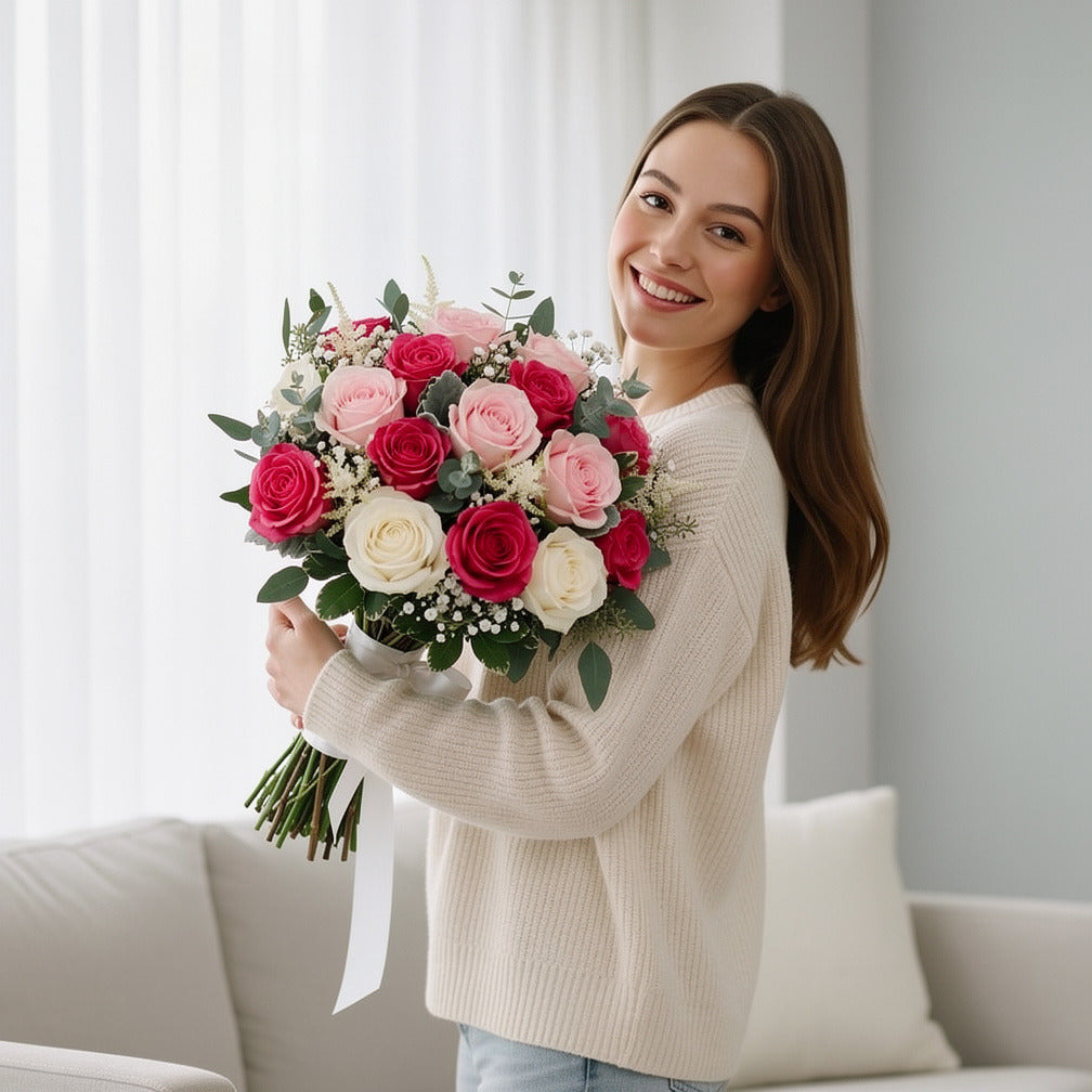 Soft Bridal Bouquet of White & Pink Roses held by a model, view 1