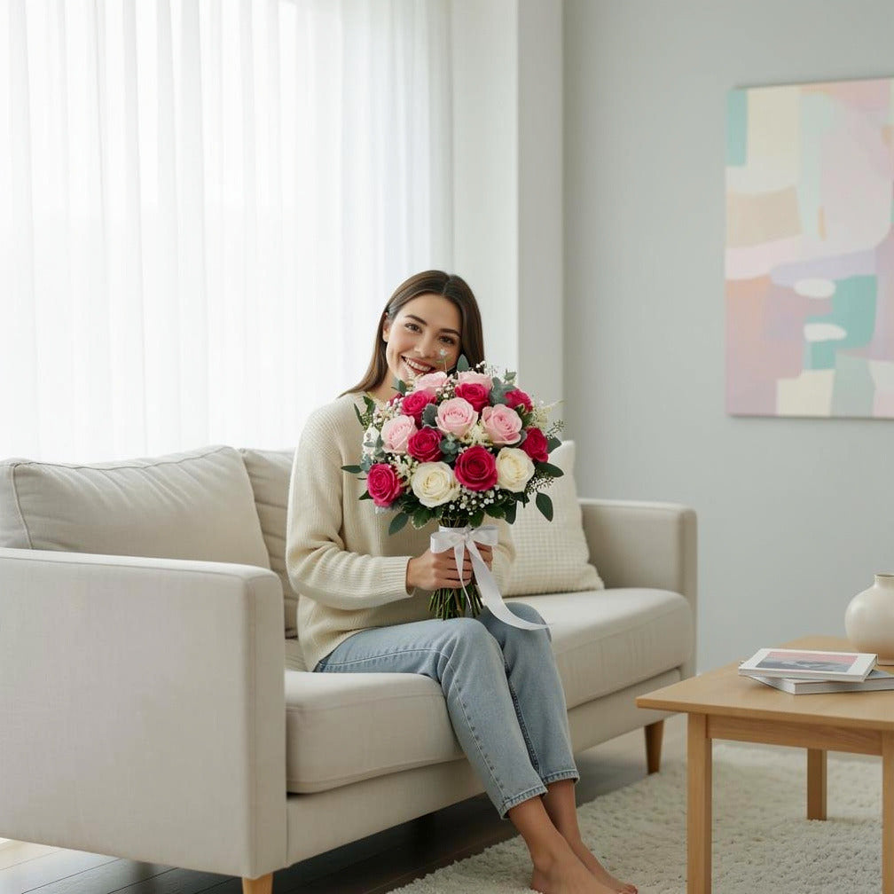 Soft Bridal Bouquet of White & Pink Roses held by a model, view 3