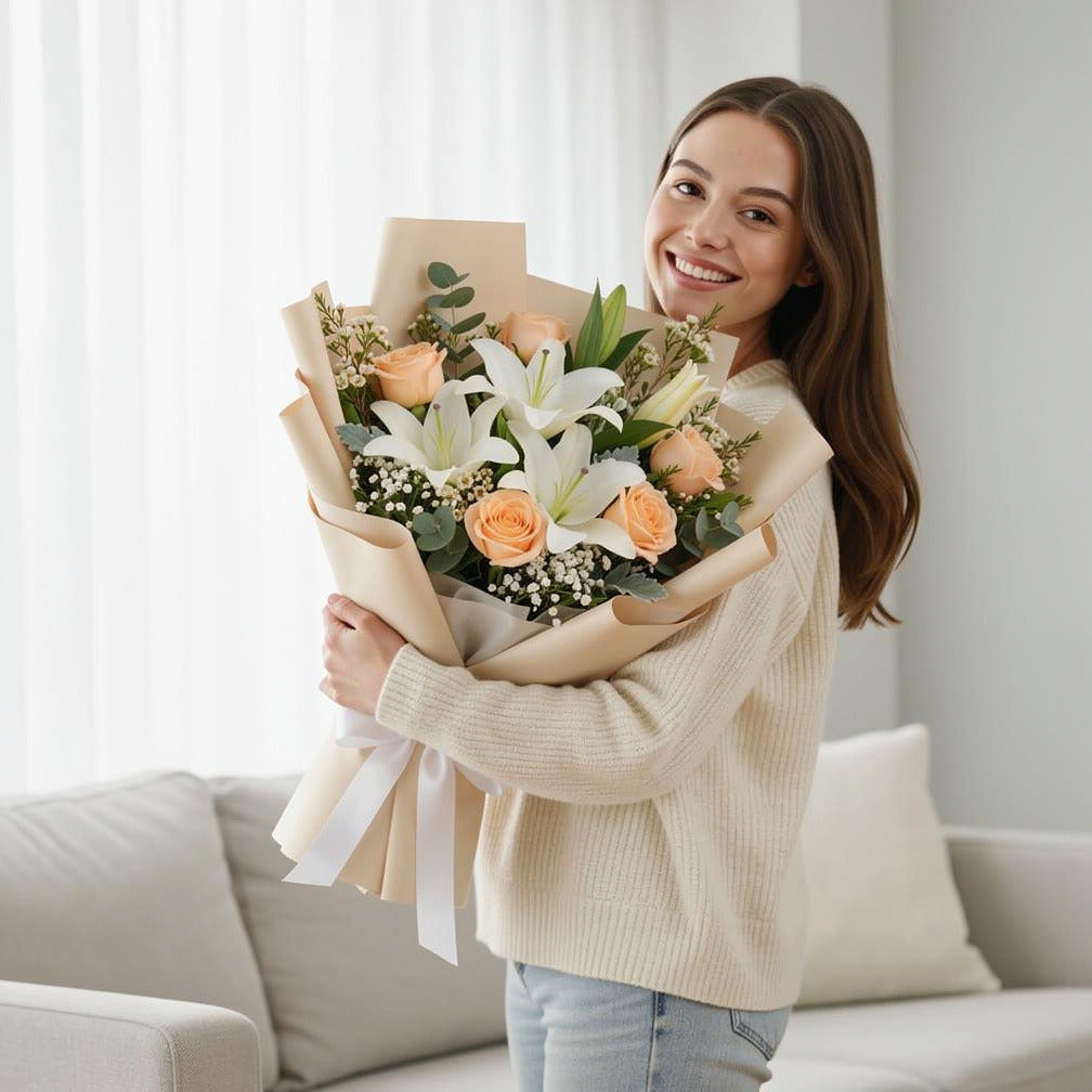 Soft White Lily & Peach Rose Bouquet held by a model, view 1