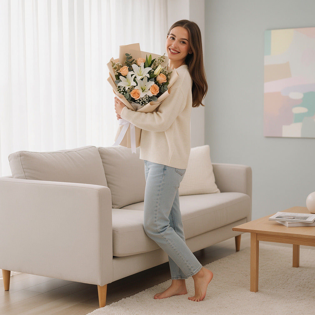 Soft White Lily & Peach Rose Bouquet held by a model, view 2