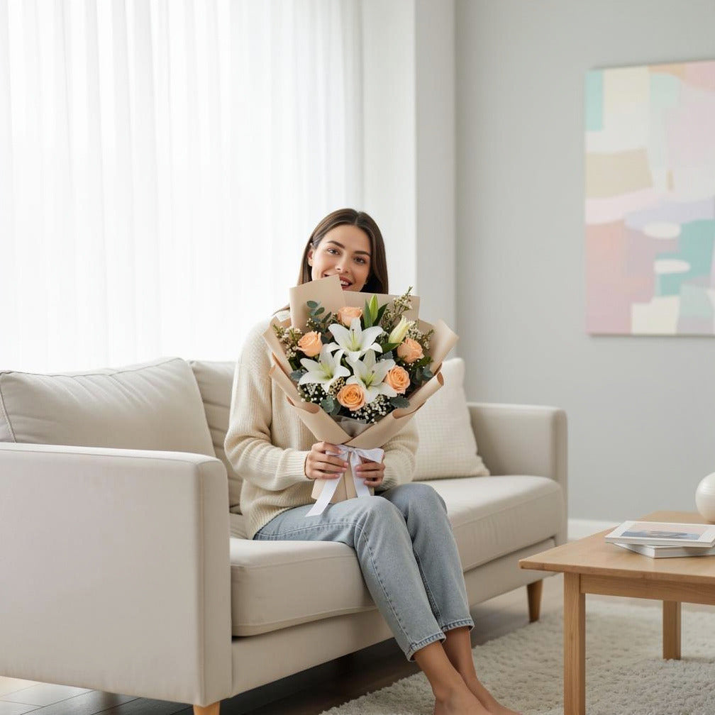 Soft White Lily & Peach Rose Bouquet held by a model, view 3