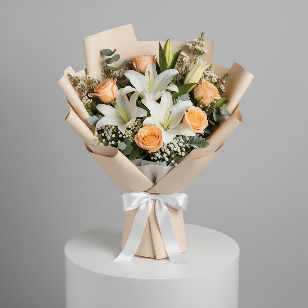 Soft White Lily & Peach Rose Bouquet