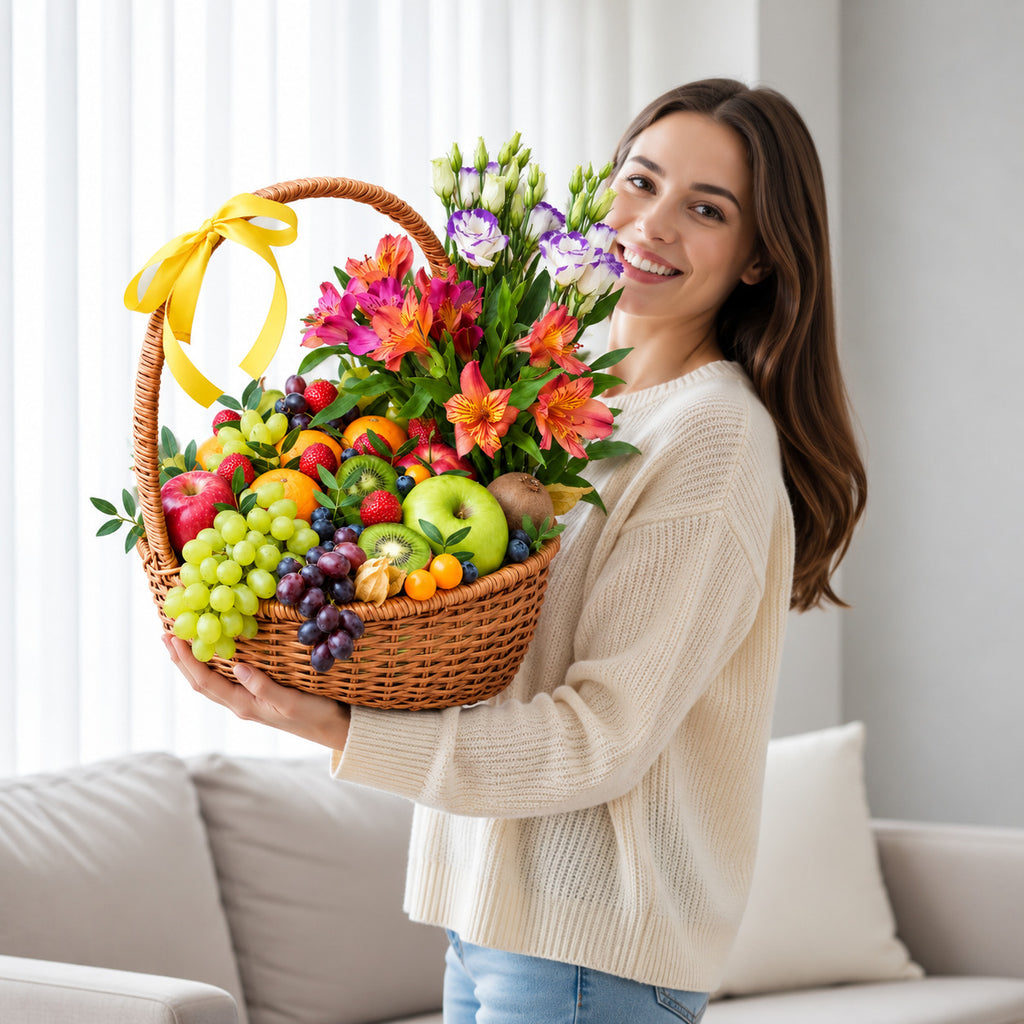 Special Mixed Fruit Basket held by a model, view 1