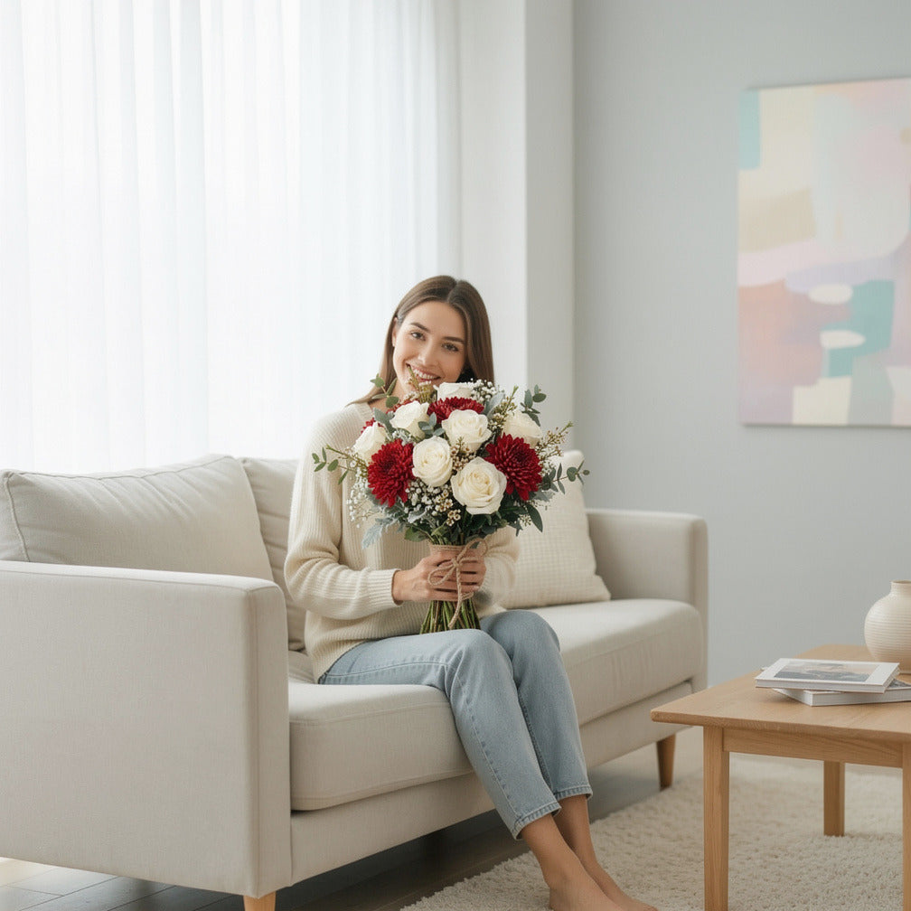 Striking Bridal Bouquet of White Roses & Red Chrysanthemums held by a model, view 3