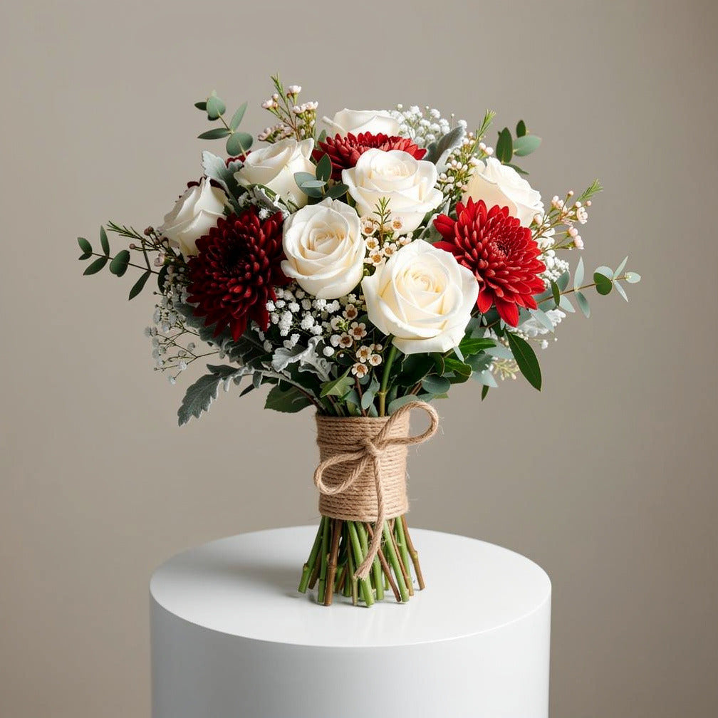 Striking Bridal Bouquet of White Roses & Red Chrysanthemums