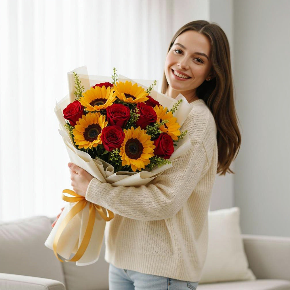 Sunflower & Red Rose Bouquet for Anniversary held by a model, view 1