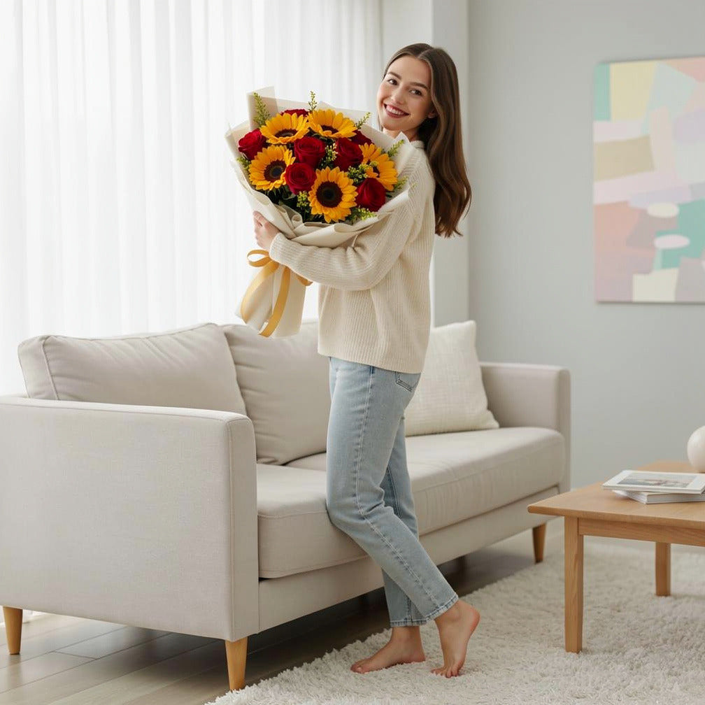 Sunflower & Red Rose Bouquet for Anniversary held by a model, view 2