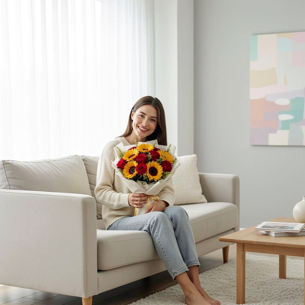 Sunflower & Red Rose Bouquet for Anniversary held by a model, view 3