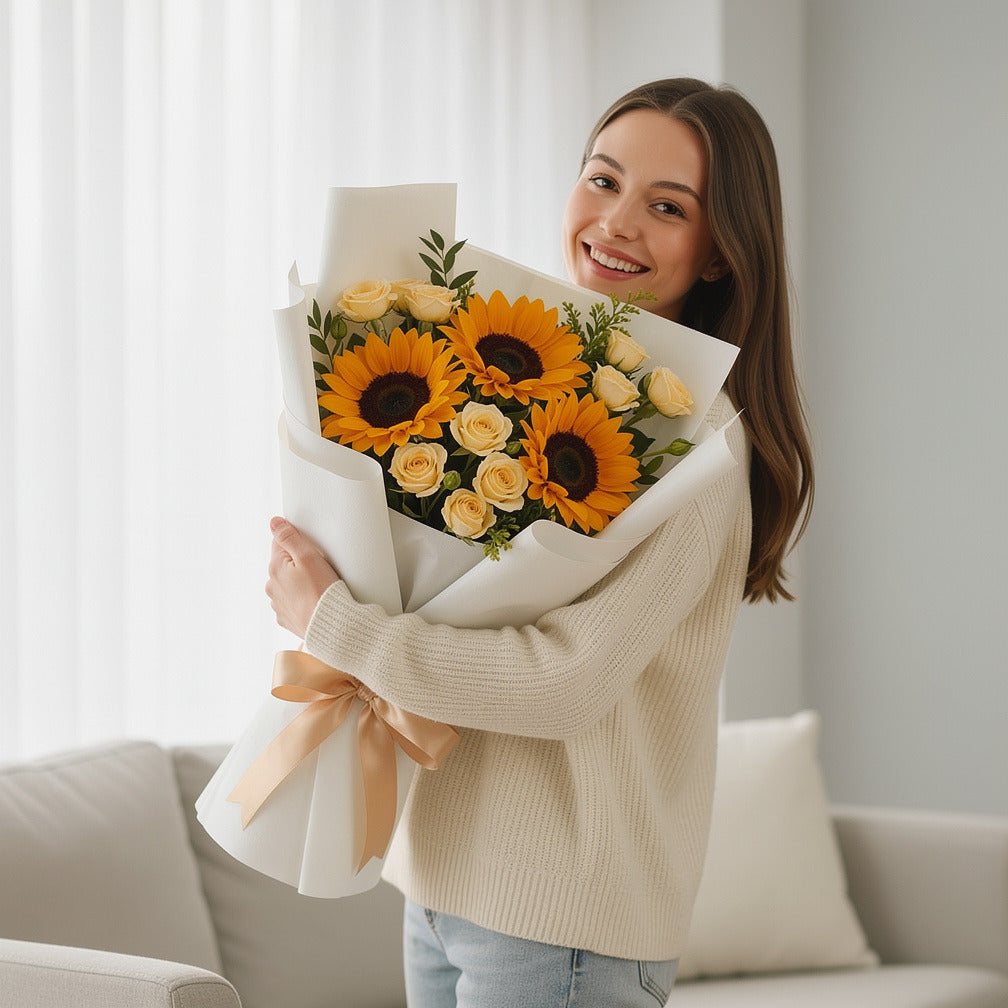 Sunny Sunflower & Yellow Baby Rose Bouquet held by a model, view 1