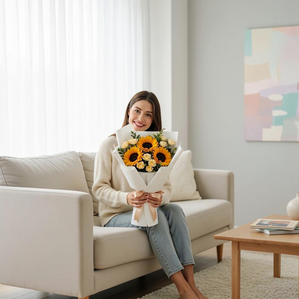 Sunny Sunflower & Yellow Baby Rose Bouquet held by a model, view 3