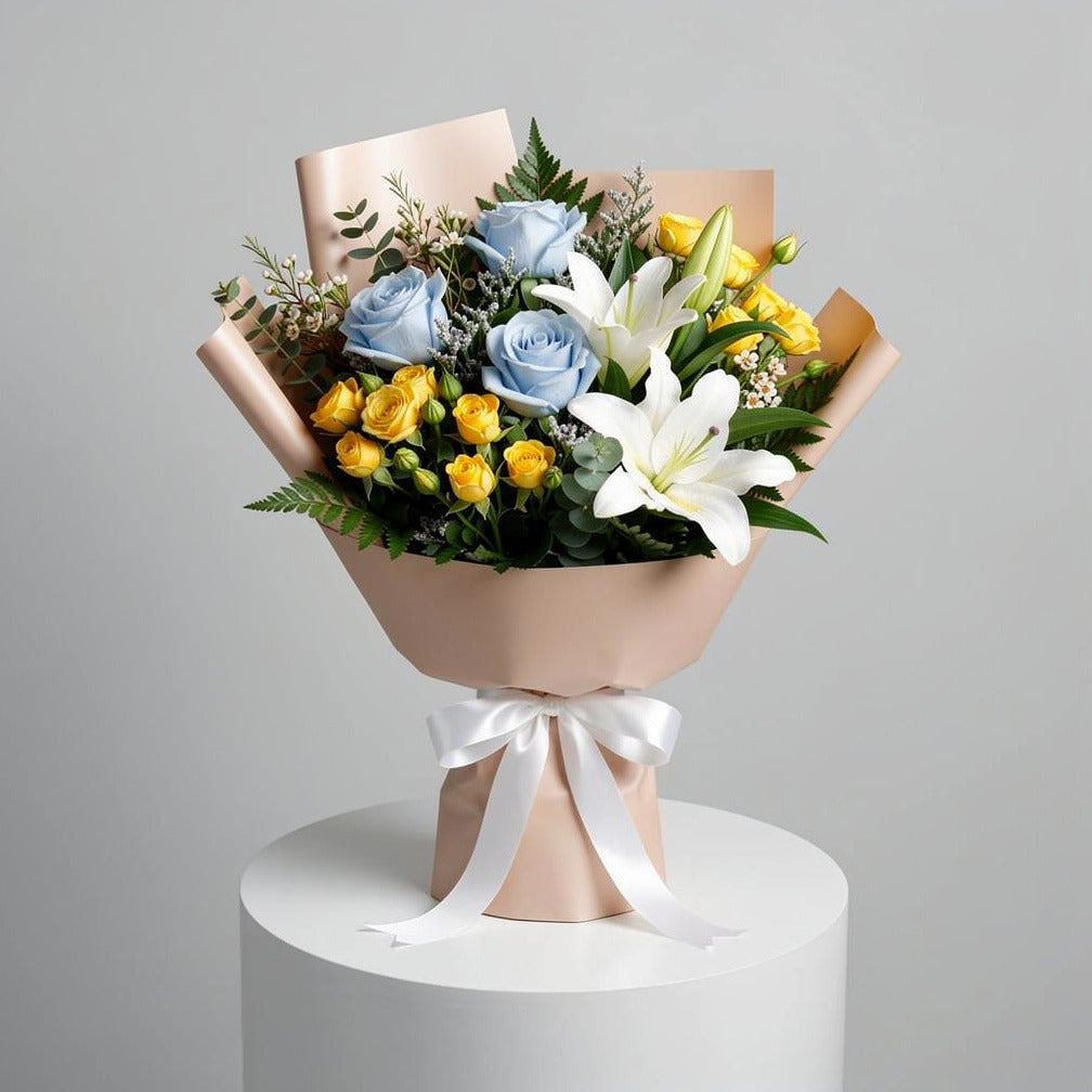 Teacher’s Day Calm Blue & White Lily Mixed Bouquet