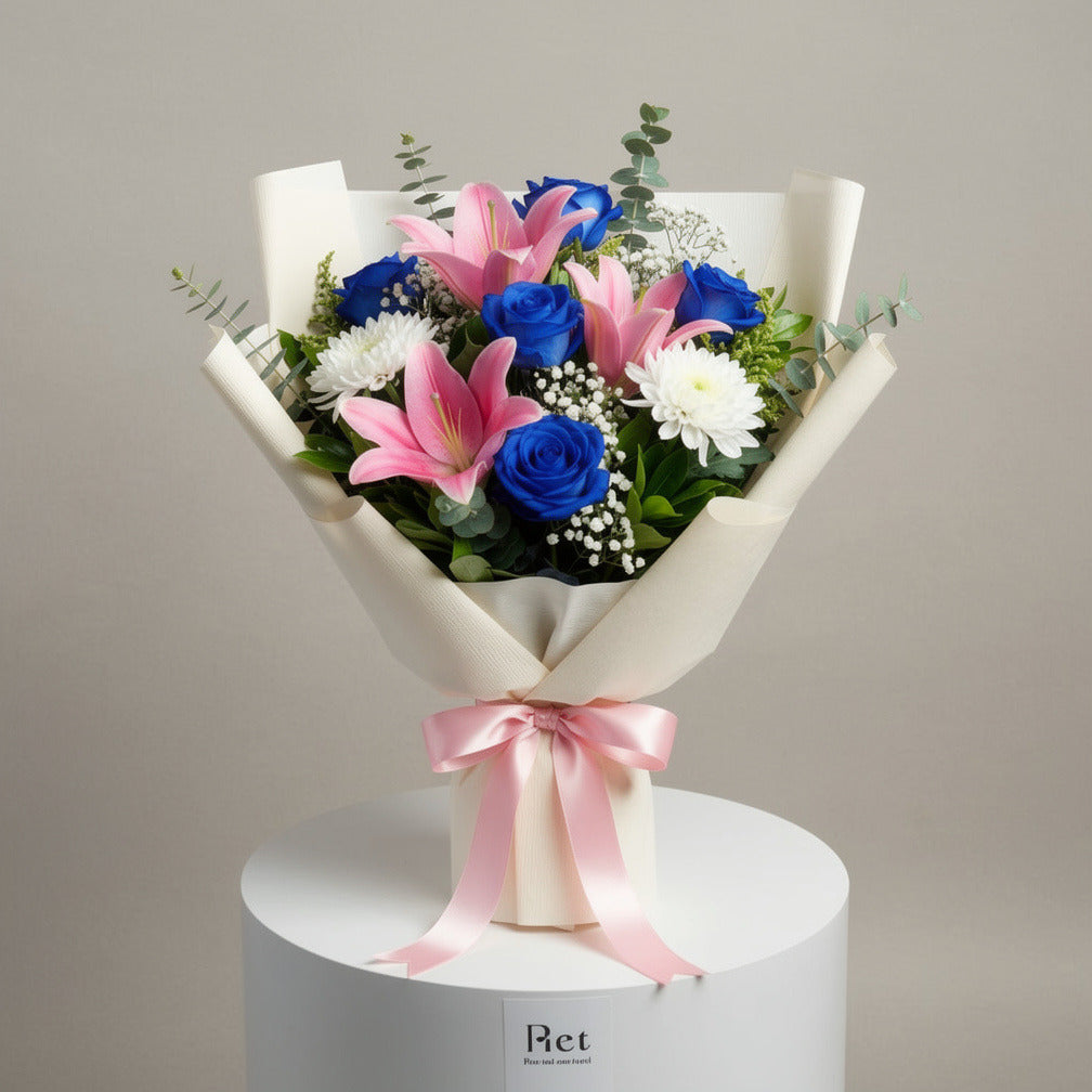 Teacher’s Day Elegant Blue Rose & Pink Lily Bouquet