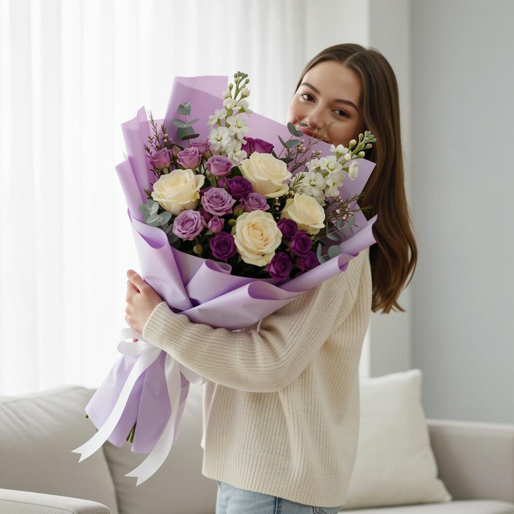 Teacher’s Day Elegant White & Purple Floral Bouquet held by a model, view 1