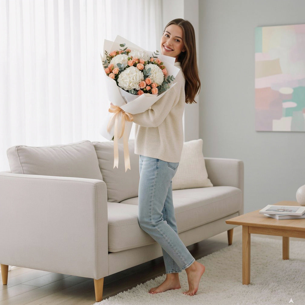 Teacher’s Day Graceful Hydrangea & Peach Rose Bouquet held by a model, view 2