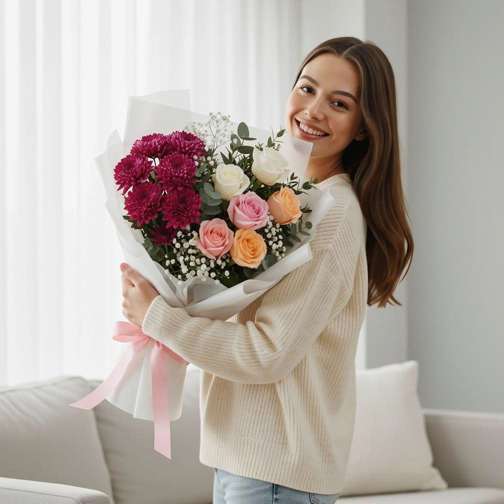 Teacher’s Day Pastel Rose & Chrysanthemum Bouquet held by a model, view 1