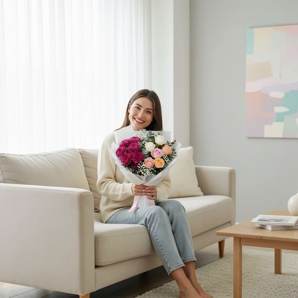 Teacher’s Day Pastel Rose & Chrysanthemum Bouquet held by a model, view 3