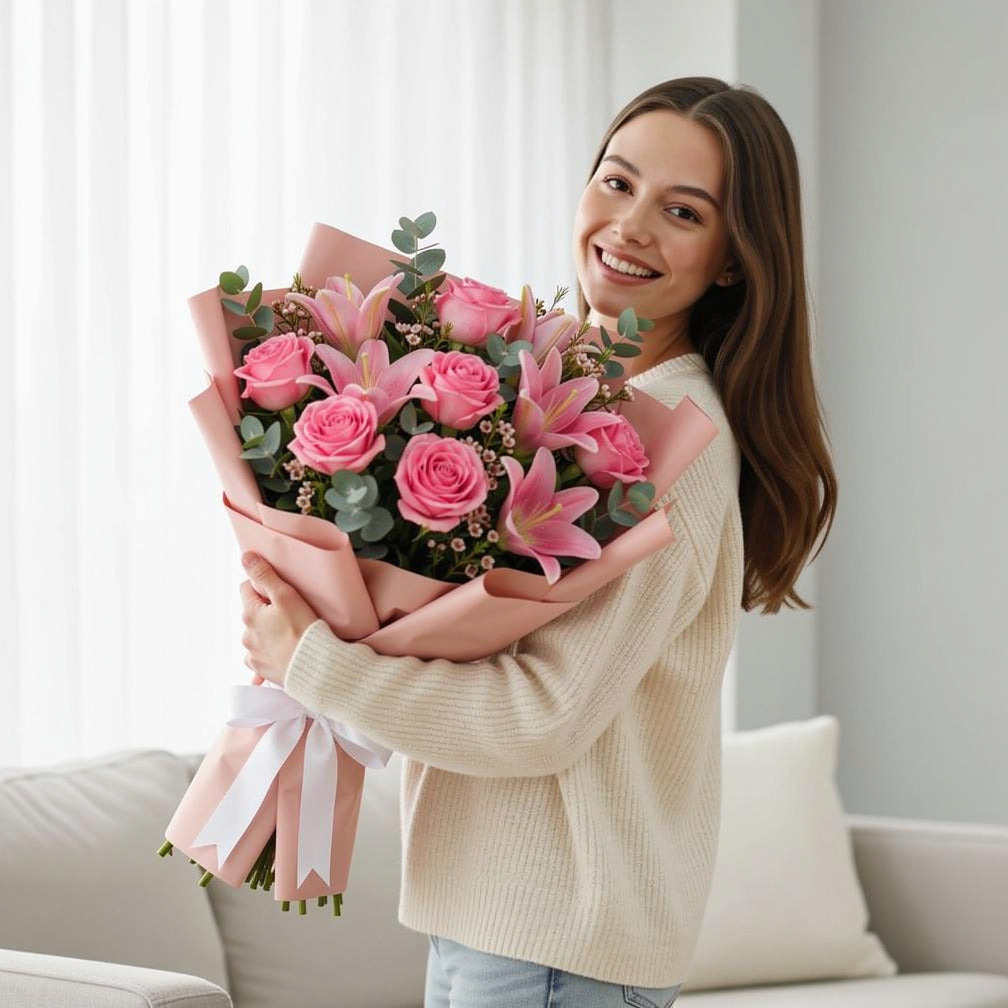 Teacher’s Day Pink Roses & Lilies Elegance Bouquet held by a model, view 1