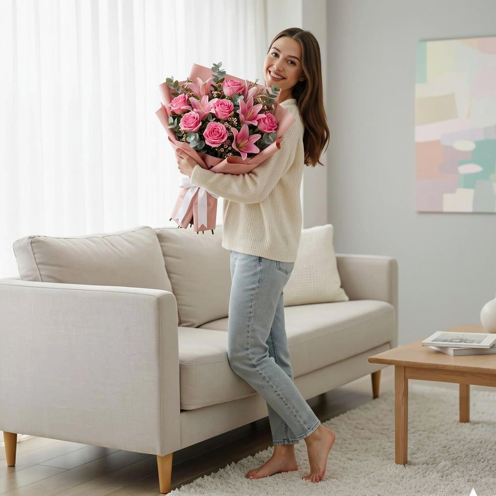 Teacher’s Day Pink Roses & Lilies Elegance Bouquet held by a model, view 2