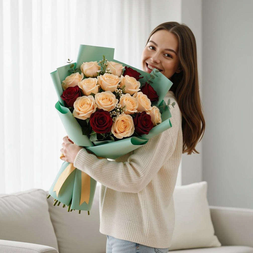 Teacher’s Day Red & Peach Rose Bouquet held by a model, view 1