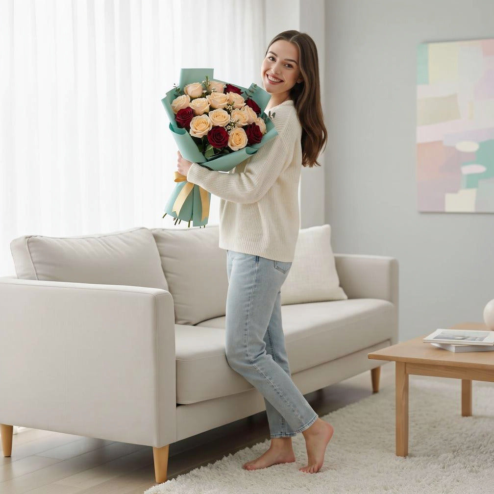 Teacher’s Day Red & Peach Rose Bouquet held by a model, view 2