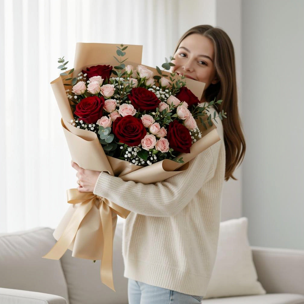 Teacher’s Day Red & Pink Rose Elegance Bouquet held by a model, view 1