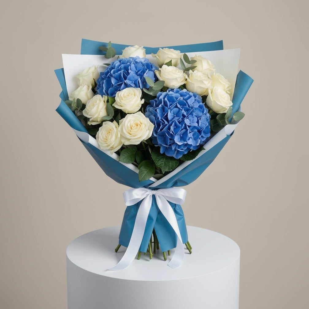 Teacher’s Day Royal Blue Hydrangea & White Rose Bouquet