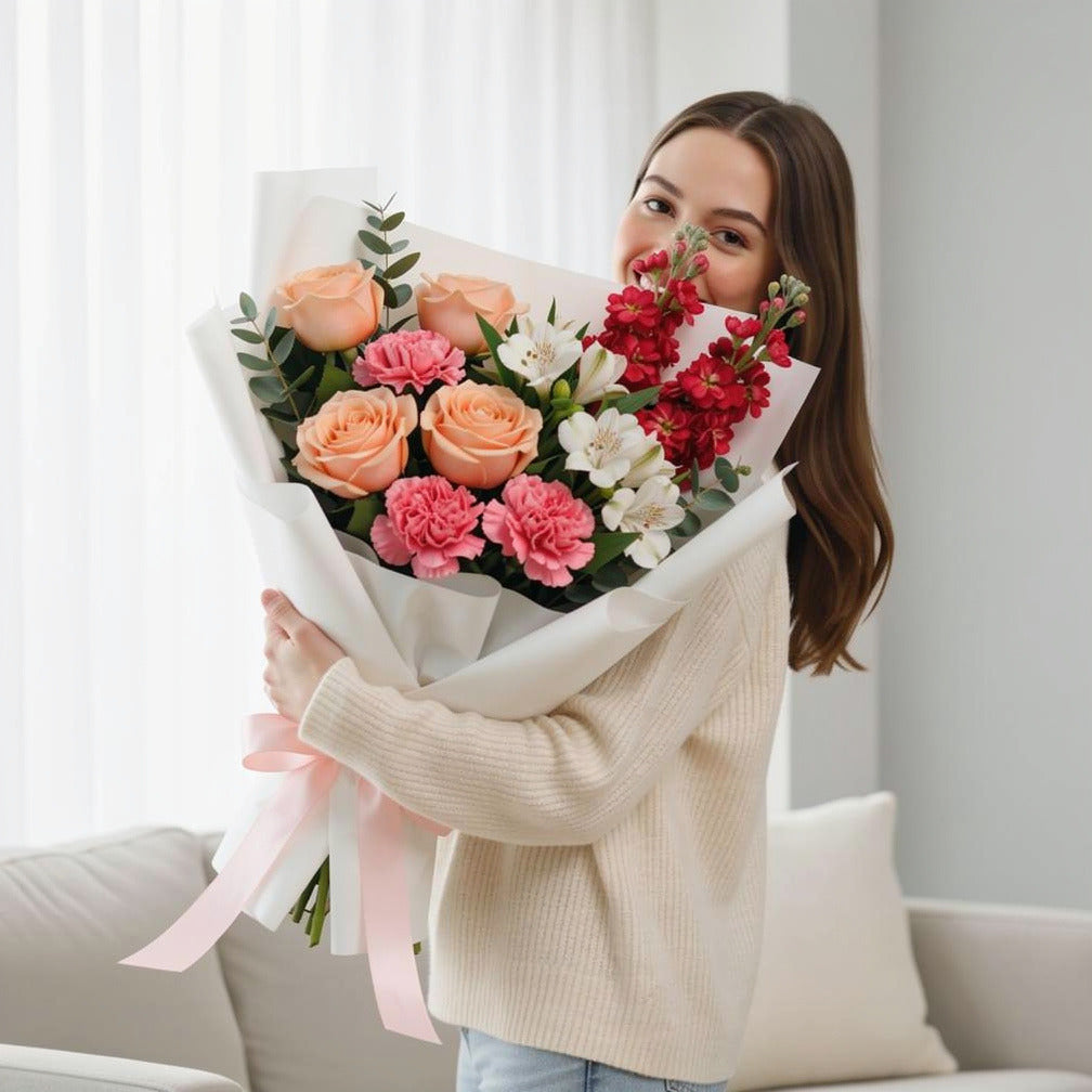 Teacher’s Day Soft Peach & Pink Mixed Flower Bouquet held by a model, view 1