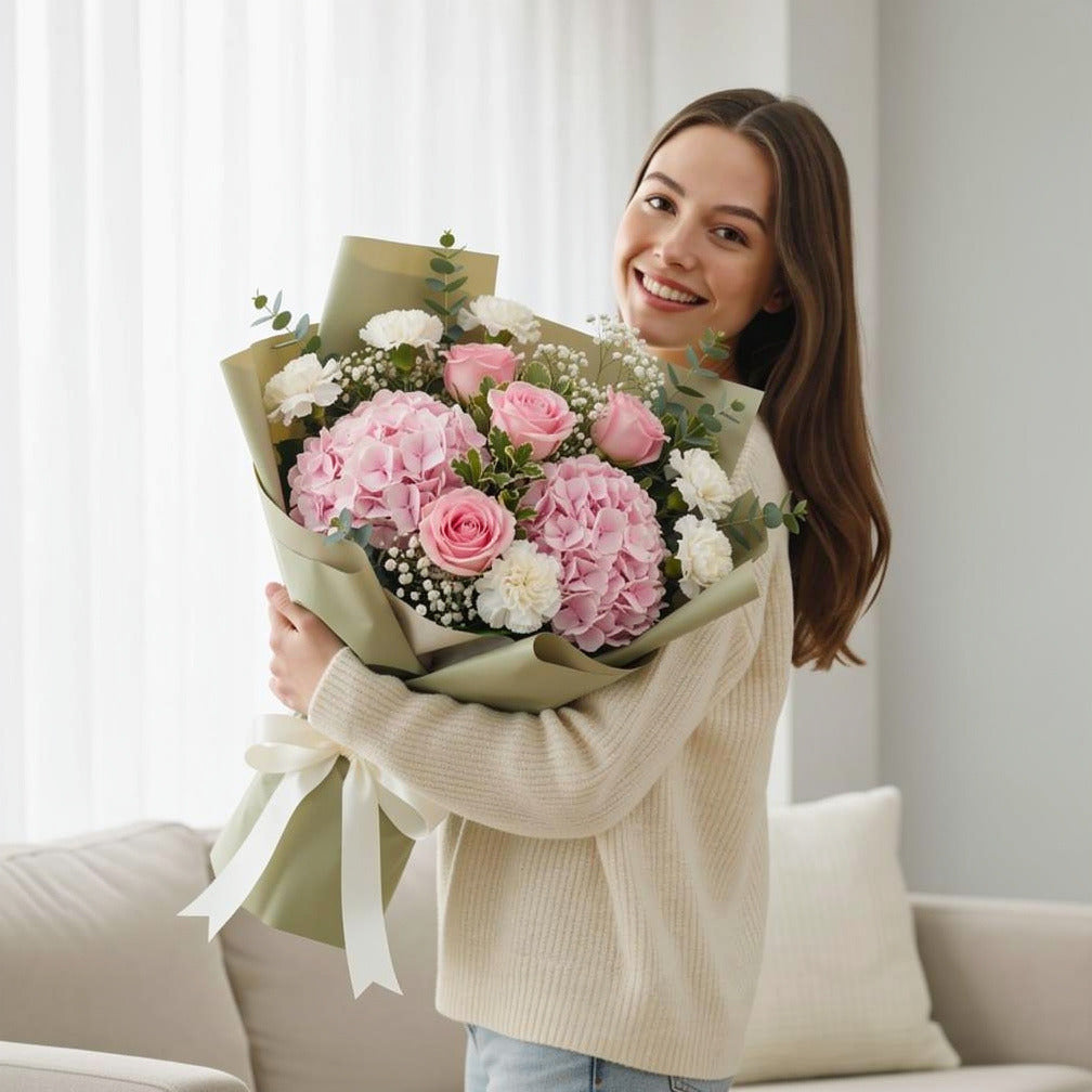 Teacher’s Day Soft Pink Hydrangea, Rose & White Carnation Bouquet held by a model, view 1