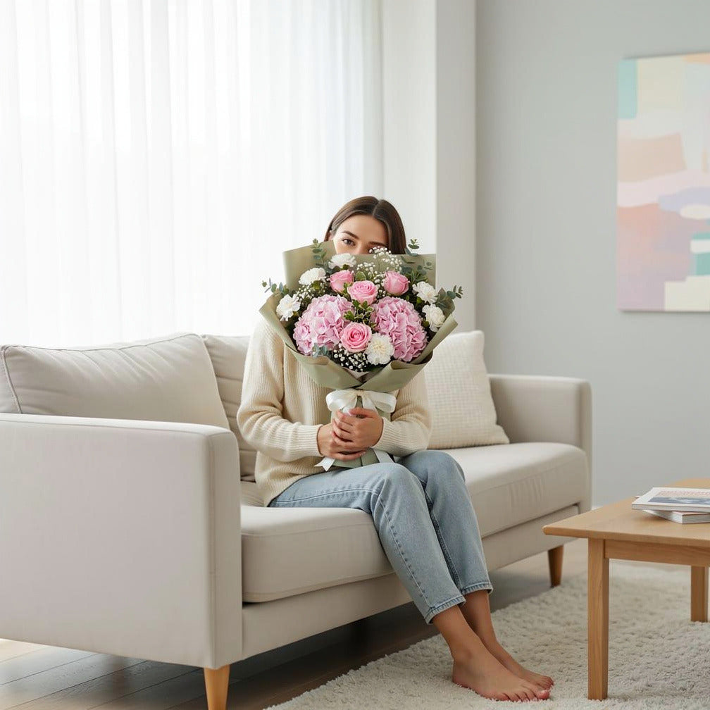 Teacher’s Day Soft Pink Hydrangea, Rose & White Carnation Bouquet held by a model, view 3