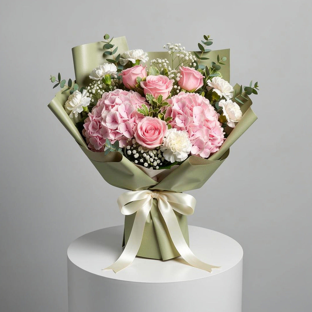 Teacher’s Day Soft Pink Hydrangea, Rose & White Carnation Bouquet
