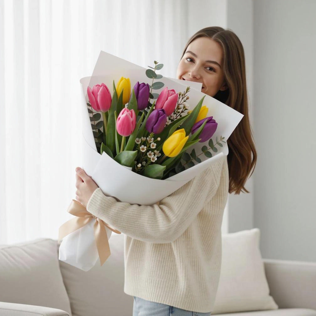 Teacher’s Day Tulip Trio Elegance Bouquet held by a model, view 1