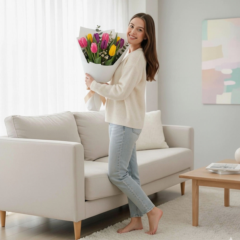 Teacher’s Day Tulip Trio Elegance Bouquet held by a model, view 2
