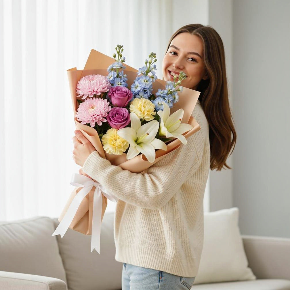 Teacher’s Day Vibrant Mixed Flower Bouquet held by a model, view 1